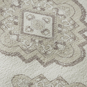 HomeRoots 8' Ivory and Beige Medallion Round Rug - Washable, UV Resistant, Family-Friendly, Stylish Design 669862