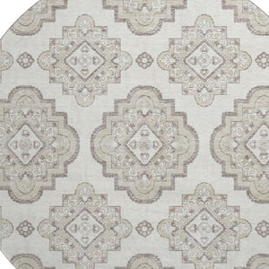 HomeRoots 8' Ivory and Beige Medallion Round Rug - Washable, UV Resistant, Family-Friendly, Stylish Design 669862