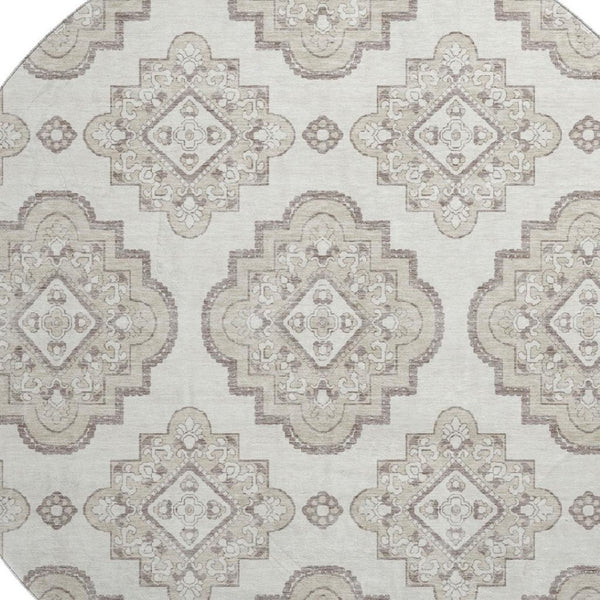 HomeRoots 8' Ivory and Beige Medallion Round Rug - Washable, UV Resistant, Family-Friendly, Stylish Design 669862