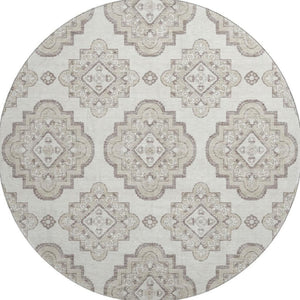 HomeRoots 8' Ivory and Beige Medallion Round Rug - Washable, UV Resistant, Family-Friendly, Stylish Design 669862