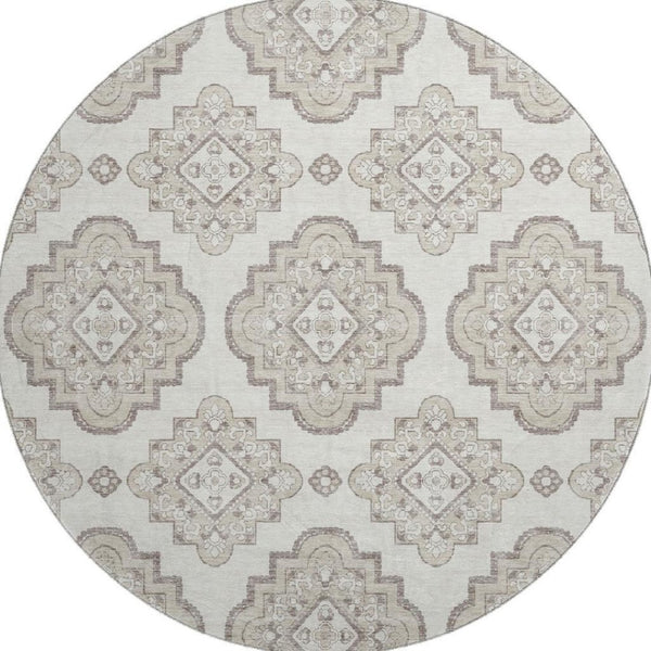 HomeRoots 8' Ivory and Beige Medallion Round Rug - Washable, UV Resistant, Family-Friendly, Stylish Design 669862