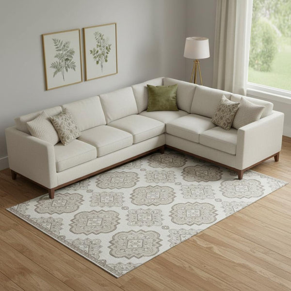 HomeRoots 8' X 10' Ivory and Beige Medallion Area Rug - Washable with UV Protection for Family-Friendly Spaces 669863