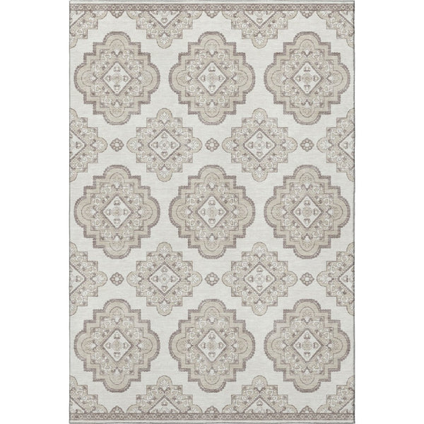 HomeRoots 8' X 10' Ivory and Beige Medallion Area Rug - Washable with UV Protection for Family-Friendly Spaces 669863