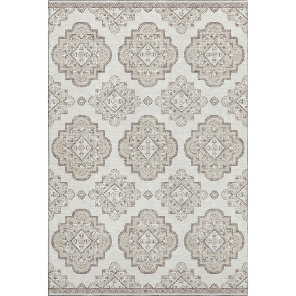 HomeRoots 9' X 12' Ivory And Beige Medallion Area Rug - Washable, UV-Protected, Perfect for High-Traffic Spaces 669864