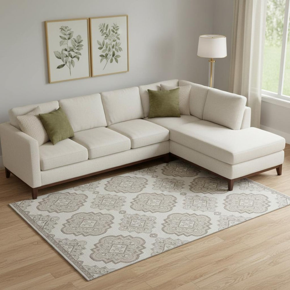 HomeRoots 10' X 14' Ivory and Beige Medallion Area Rug - Washable, UV-Protected, Perfect for Homes with Kids! 669865