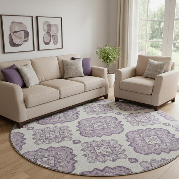 HomeRoots 8' Elegant Lavender and Ivory Medallion Round Rug - Washable, UV Protected, Ideal for High-Traffic Areas 669868