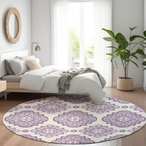 HomeRoots 8' Elegant Lavender and Ivory Medallion Round Rug - Washable, UV Protected, Ideal for High-Traffic Areas 669868