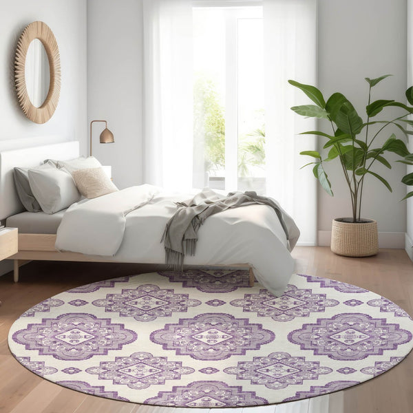 HomeRoots 8' Elegant Lavender and Ivory Medallion Round Rug - Washable, UV Protected, Ideal for High-Traffic Areas 669868