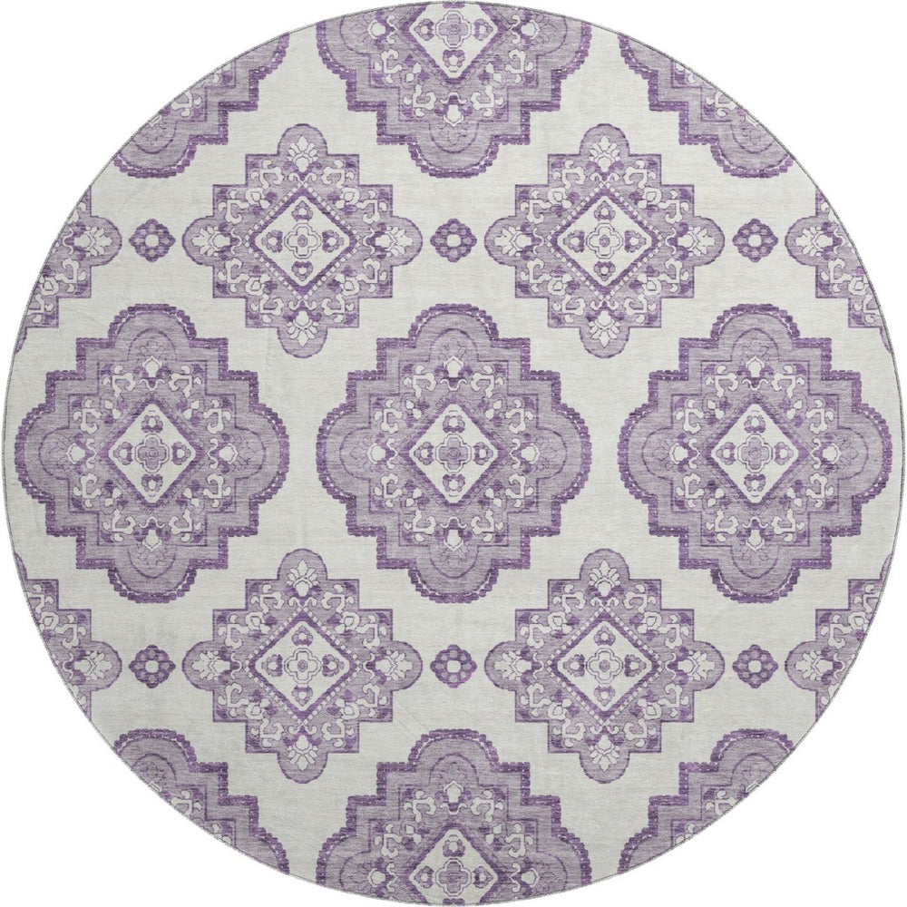 HomeRoots 8' Elegant Lavender and Ivory Medallion Round Rug - Washable, UV Protected, Ideal for High-Traffic Areas 669868