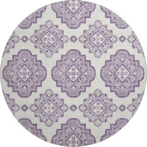 HomeRoots 8' Elegant Lavender and Ivory Medallion Round Rug - Washable, UV Protected, Ideal for High-Traffic Areas 669868