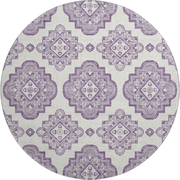 HomeRoots 8' Elegant Lavender and Ivory Medallion Round Rug - Washable, UV Protected, Ideal for High-Traffic Areas 669868