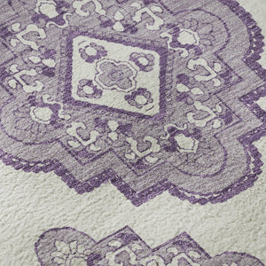 HomeRoots 8' Elegant Lavender and Ivory Medallion Round Rug - Washable, UV Protected, Ideal for High-Traffic Areas 669868