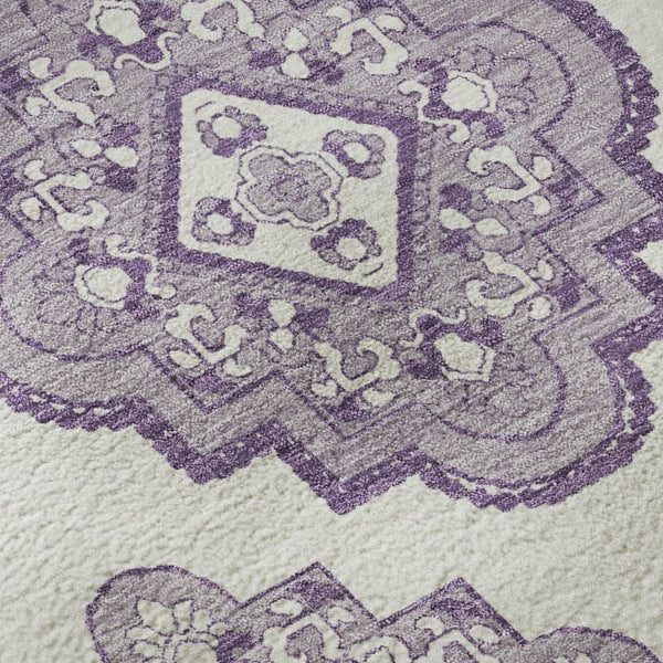 HomeRoots 8' Elegant Lavender and Ivory Medallion Round Rug - Washable, UV Protected, Ideal for High-Traffic Areas 669868