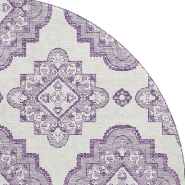 HomeRoots 8' Elegant Lavender and Ivory Medallion Round Rug - Washable, UV Protected, Ideal for High-Traffic Areas 669868