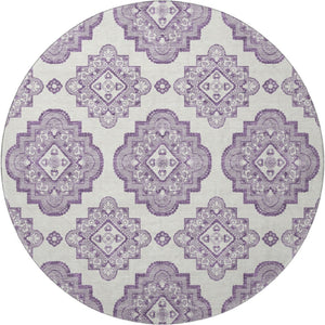 HomeRoots 8' Elegant Lavender and Ivory Medallion Round Rug - Washable, UV Protected, Ideal for High-Traffic Areas 669868