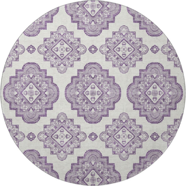HomeRoots 8' Elegant Lavender and Ivory Medallion Round Rug - Washable, UV Protected, Ideal for High-Traffic Areas 669868