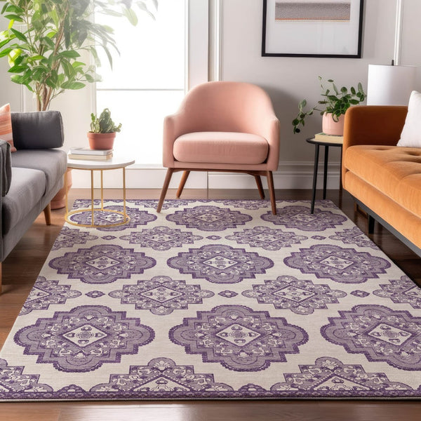 HomeRoots 8' X 10' Lavender Medallion Area Rug – Washable, UV Protected, Perfect for Kids, Pets & Easy Care 669869