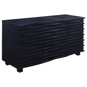 English Elm Monette Black Scalloped 3-Drawer Server with Deep Black Finish, Spacious Sideboard for Dining Room Elegance B062P353477