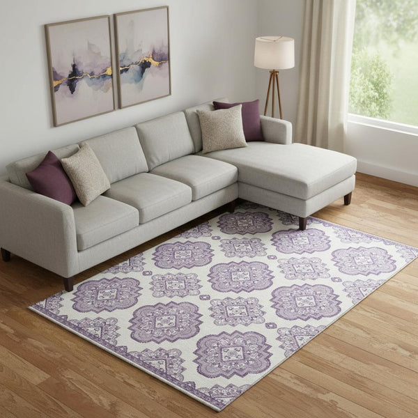HomeRoots 10' X 14' Elegant Lavender & Ivory Medallion Area Rug - Washable, UV-Protected, Family-Friendly Design 669871