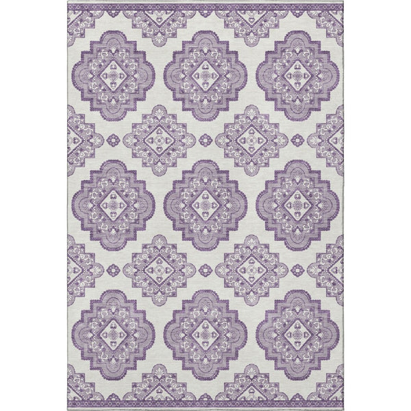 HomeRoots 10' X 14' Elegant Lavender & Ivory Medallion Area Rug - Washable, UV-Protected, Family-Friendly Design 669871