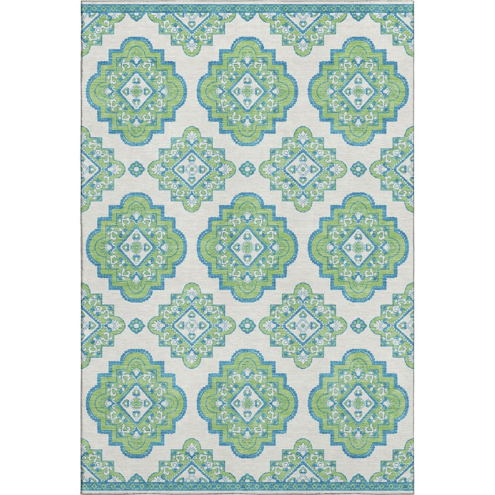 HomeRoots 5' X 8' Vibrant Lime Green, Teal & Ivory Medallion Area Rug - Washable, UV Protected & Stain-Resistant 669873