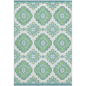 HomeRoots 5' X 8' Vibrant Lime Green, Teal & Ivory Medallion Area Rug - Washable, UV Protected & Stain-Resistant 669873