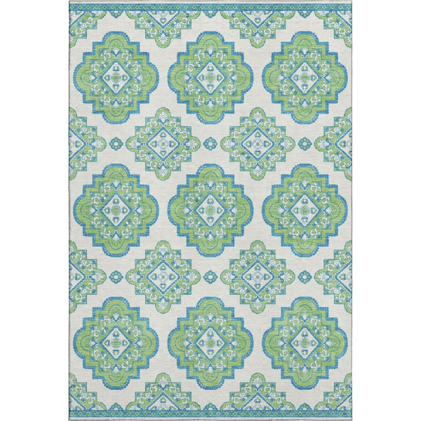 HomeRoots 5' X 8' Vibrant Lime Green, Teal & Ivory Medallion Area Rug - Washable, UV Protected & Stain-Resistant 669873