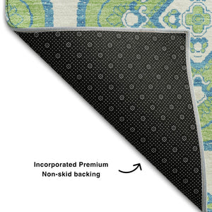 HomeRoots 5' X 8' Vibrant Lime Green, Teal & Ivory Medallion Area Rug - Washable, UV Protected & Stain-Resistant 669873