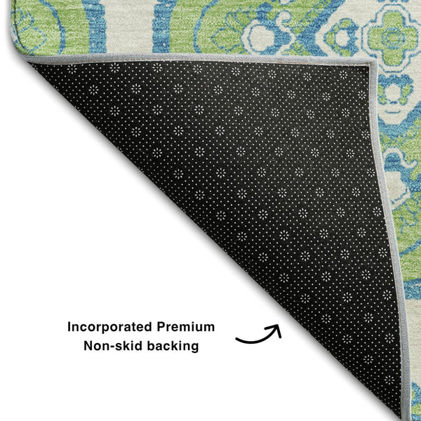 HomeRoots 5' X 8' Vibrant Lime Green, Teal & Ivory Medallion Area Rug - Washable, UV Protected & Stain-Resistant 669873