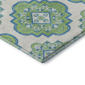 HomeRoots 5' X 8' Vibrant Lime Green, Teal & Ivory Medallion Area Rug - Washable, UV Protected & Stain-Resistant 669873