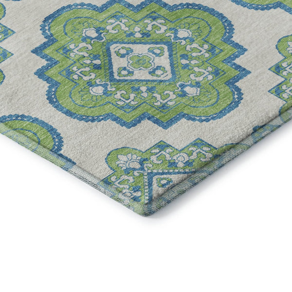 HomeRoots 5' X 8' Vibrant Lime Green, Teal & Ivory Medallion Area Rug - Washable, UV Protected & Stain-Resistant 669873