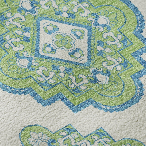 HomeRoots 5' X 8' Vibrant Lime Green, Teal & Ivory Medallion Area Rug - Washable, UV Protected & Stain-Resistant 669873