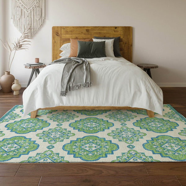HomeRoots 5' X 8' Vibrant Lime Green, Teal & Ivory Medallion Area Rug - Washable, UV Protected & Stain-Resistant 669873