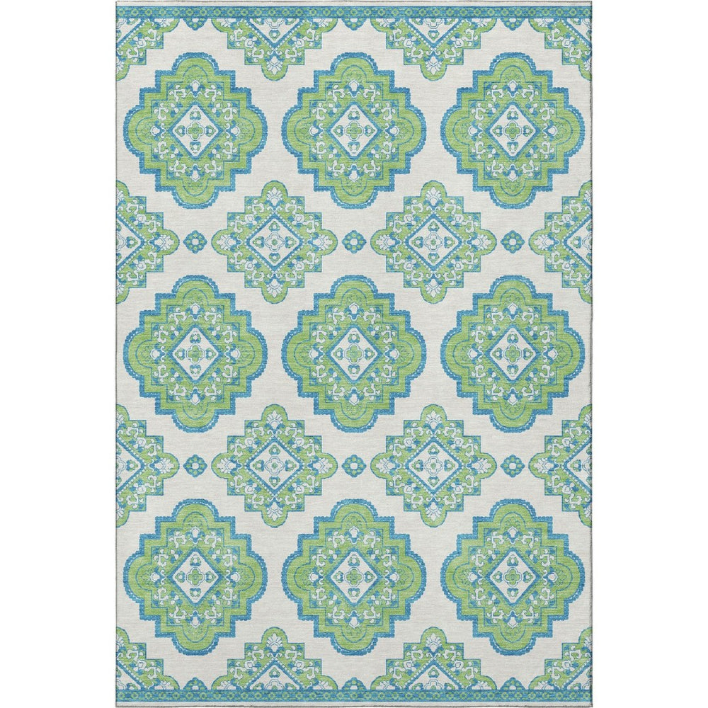 HomeRoots 5' X 8' Vibrant Lime Green, Teal & Ivory Medallion Area Rug - Washable, UV Protected & Stain-Resistant 669873