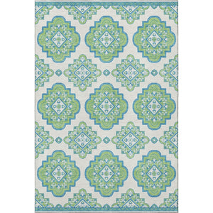 HomeRoots 5' X 8' Vibrant Lime Green, Teal & Ivory Medallion Area Rug - Washable, UV Protected & Stain-Resistant 669873