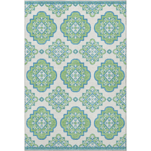 HomeRoots 5' X 8' Vibrant Lime Green, Teal & Ivory Medallion Area Rug - Washable, UV Protected & Stain-Resistant 669873