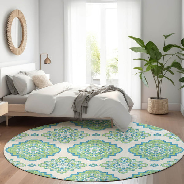 HomeRoots 8' Vibrant Lime Green, Teal & Ivory Round Medallion Rug - Washable, UV Protected & Durable Design 669874