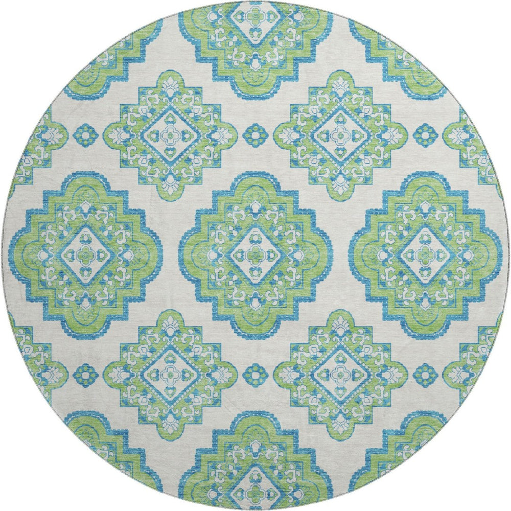 HomeRoots 8' Vibrant Lime Green, Teal & Ivory Round Medallion Rug - Washable, UV Protected & Durable Design 669874
