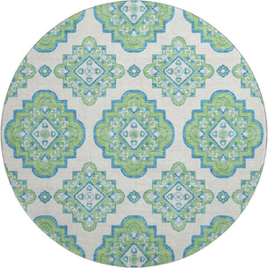 HomeRoots 8' Vibrant Lime Green, Teal & Ivory Round Medallion Rug - Washable, UV Protected & Durable Design 669874