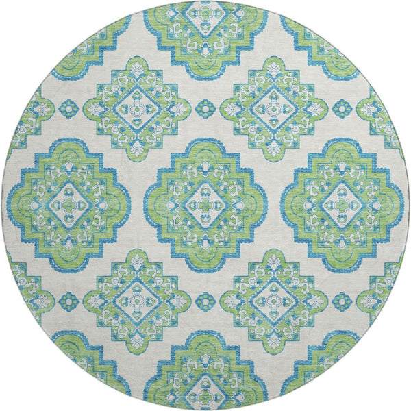 HomeRoots 8' Vibrant Lime Green, Teal & Ivory Round Medallion Rug - Washable, UV Protected & Durable Design 669874