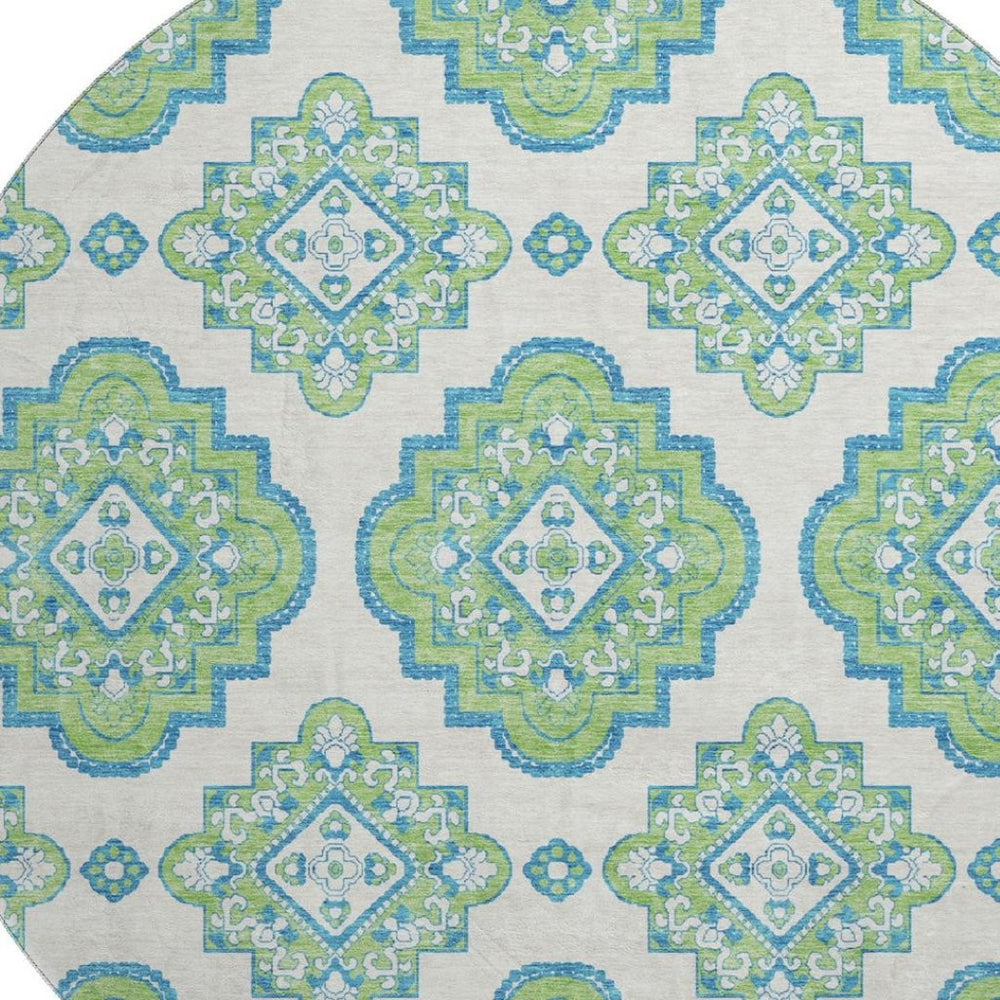 HomeRoots 8' Vibrant Lime Green, Teal & Ivory Round Medallion Rug - Washable, UV Protected & Durable Design 669874