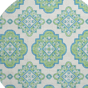 HomeRoots 8' Vibrant Lime Green, Teal & Ivory Round Medallion Rug - Washable, UV Protected & Durable Design 669874