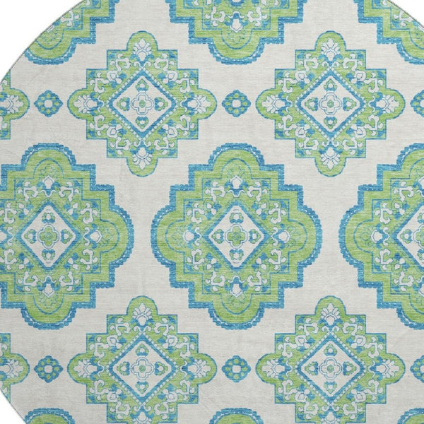 HomeRoots 8' Vibrant Lime Green, Teal & Ivory Round Medallion Rug - Washable, UV Protected & Durable Design 669874