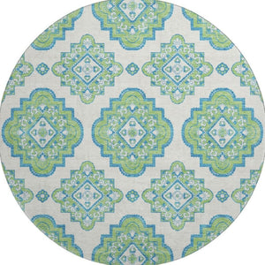 HomeRoots 8' Vibrant Lime Green, Teal & Ivory Round Medallion Rug - Washable, UV Protected & Durable Design 669874