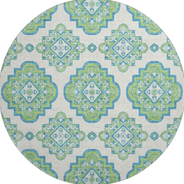 HomeRoots 8' Vibrant Lime Green, Teal & Ivory Round Medallion Rug - Washable, UV Protected & Durable Design 669874