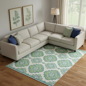 HomeRoots 8' X 10' Vibrant Lime Green, Teal & Ivory Medallion Area Rug - Washable, UV-Protected & Durable Comfort 669875