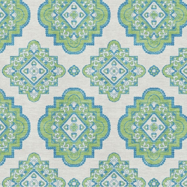 HomeRoots 8' X 10' Vibrant Lime Green, Teal & Ivory Medallion Area Rug - Washable, UV-Protected & Durable Comfort 669875