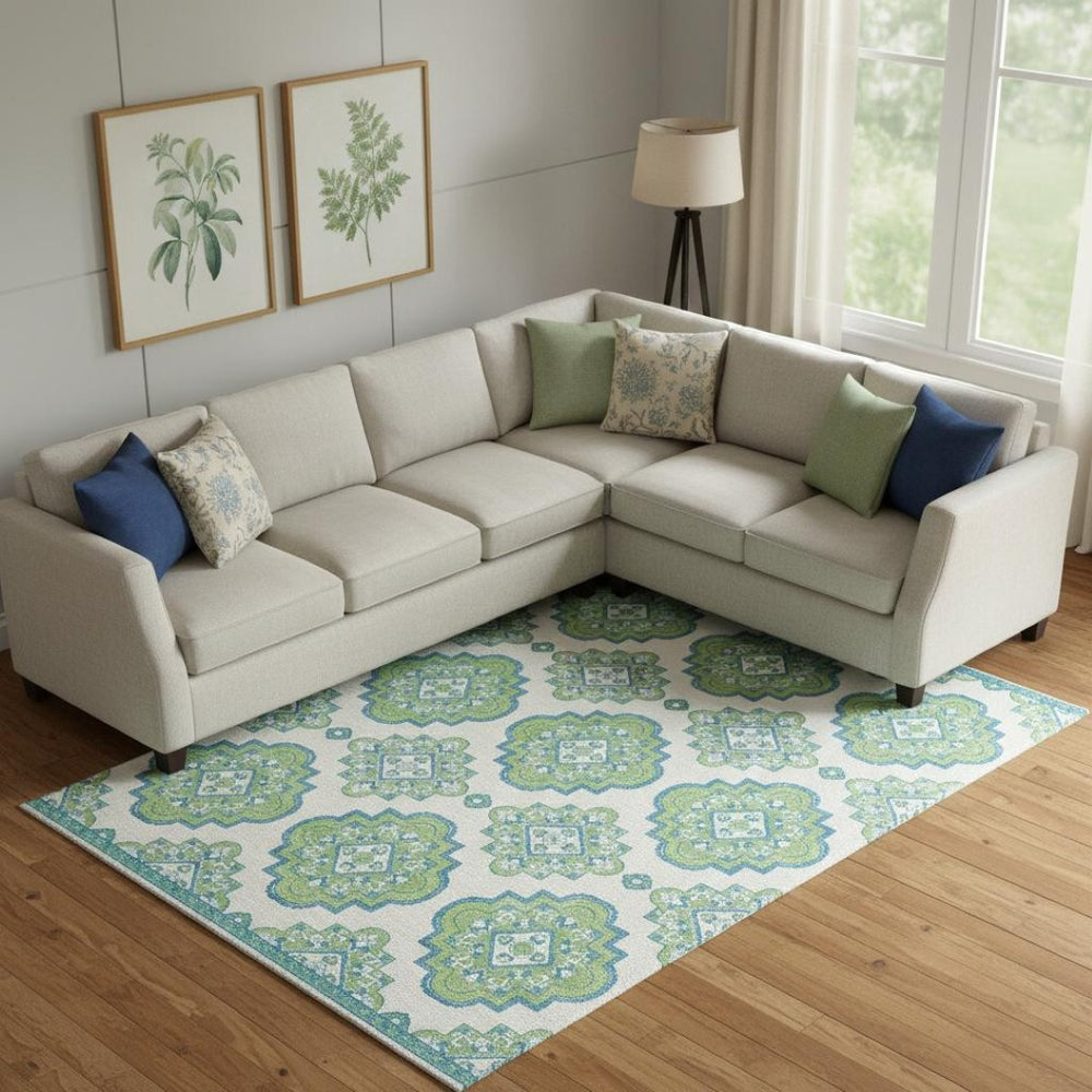 HomeRoots 9' X 12' Vibrant Lime Green, Teal & Ivory Medallion Area Rug – Durable, Washable & UV Resistant! 669876