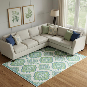 HomeRoots 9' X 12' Vibrant Lime Green, Teal & Ivory Medallion Area Rug – Durable, Washable & UV Resistant! 669876