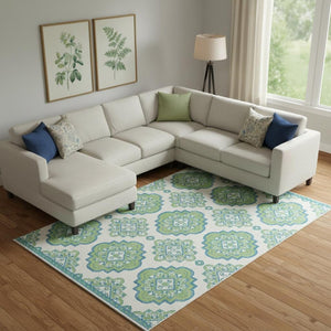 HomeRoots 10' X 14' Vibrant Lime Green, Teal & Ivory Medallion Area Rug - Washable, UV Protected & Durable 669877